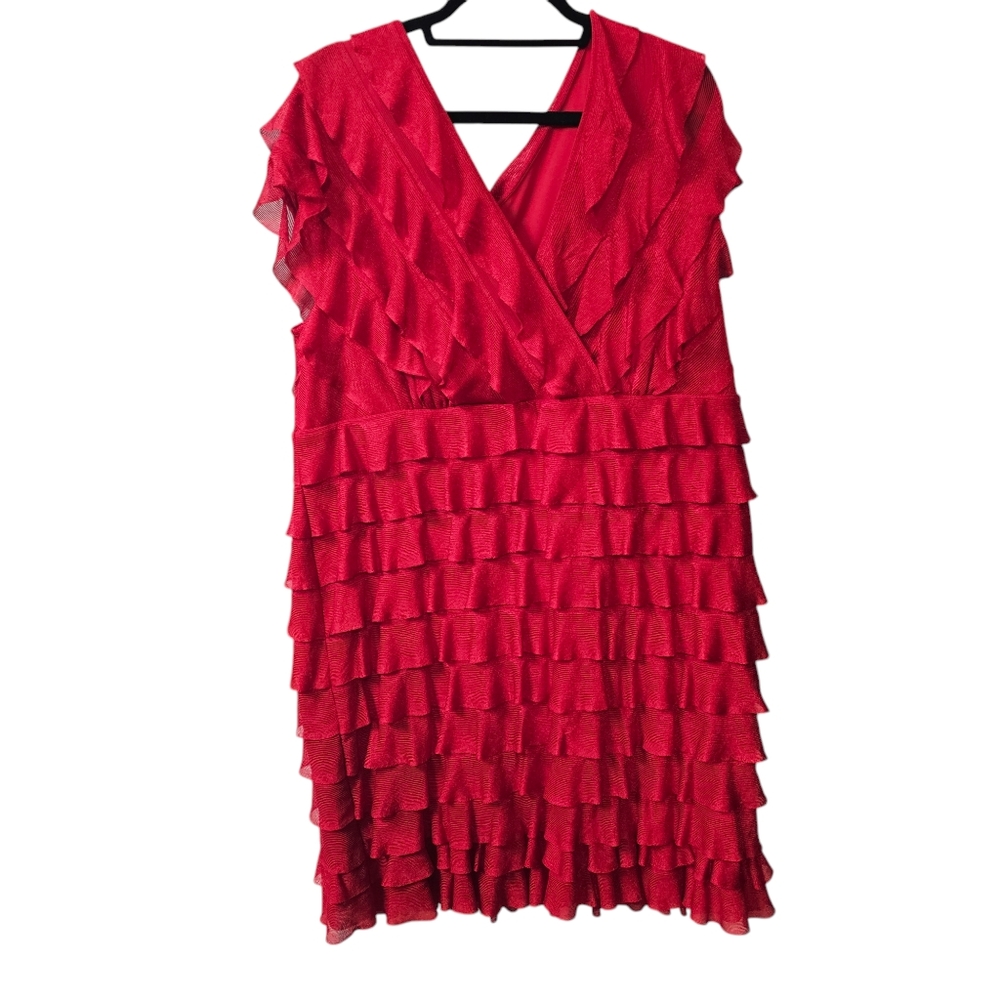 Avenue 18/20 Red Ruffle Knee Length V Neck Plus Size Dress